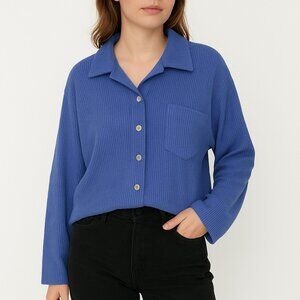 Blumin Blue Ribbed Oversized Button Down Blouse Women’s Size M Long Sleeve